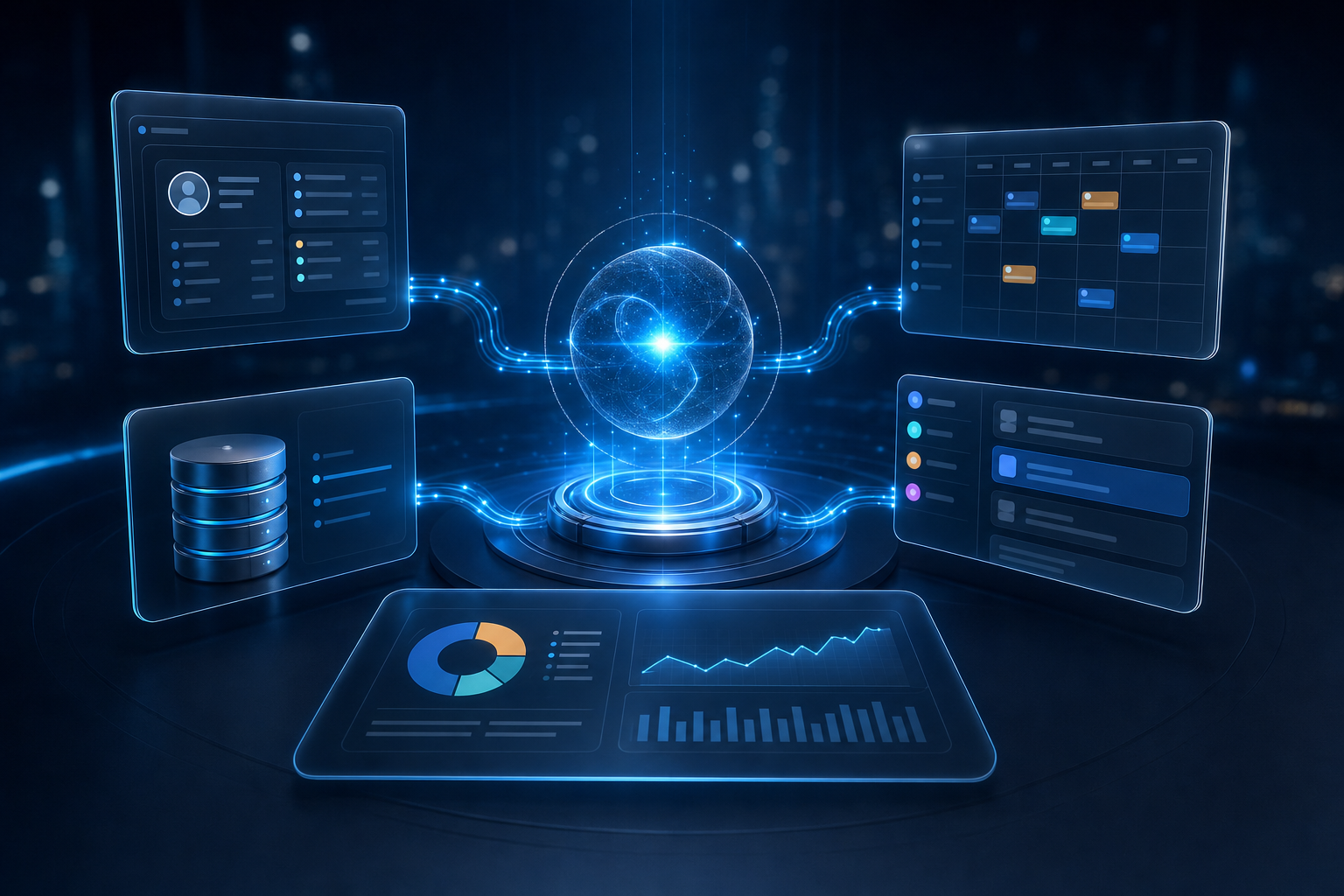 Centro de operaciones con inteligencia artificial conectado a CRM, agenda y analítica